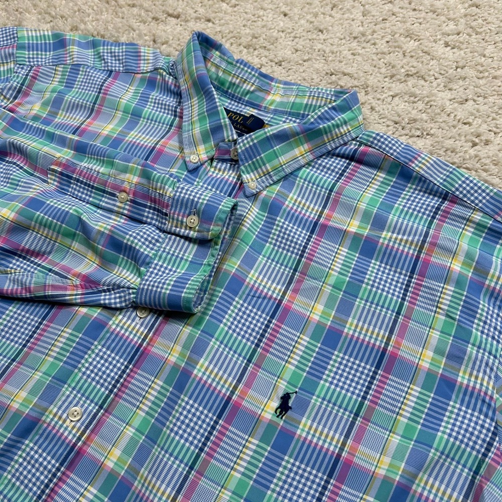 Polo Ralph Lauren Sport Shirt 4XLT Tall Blue Green Plaid Performance Long Sleeve